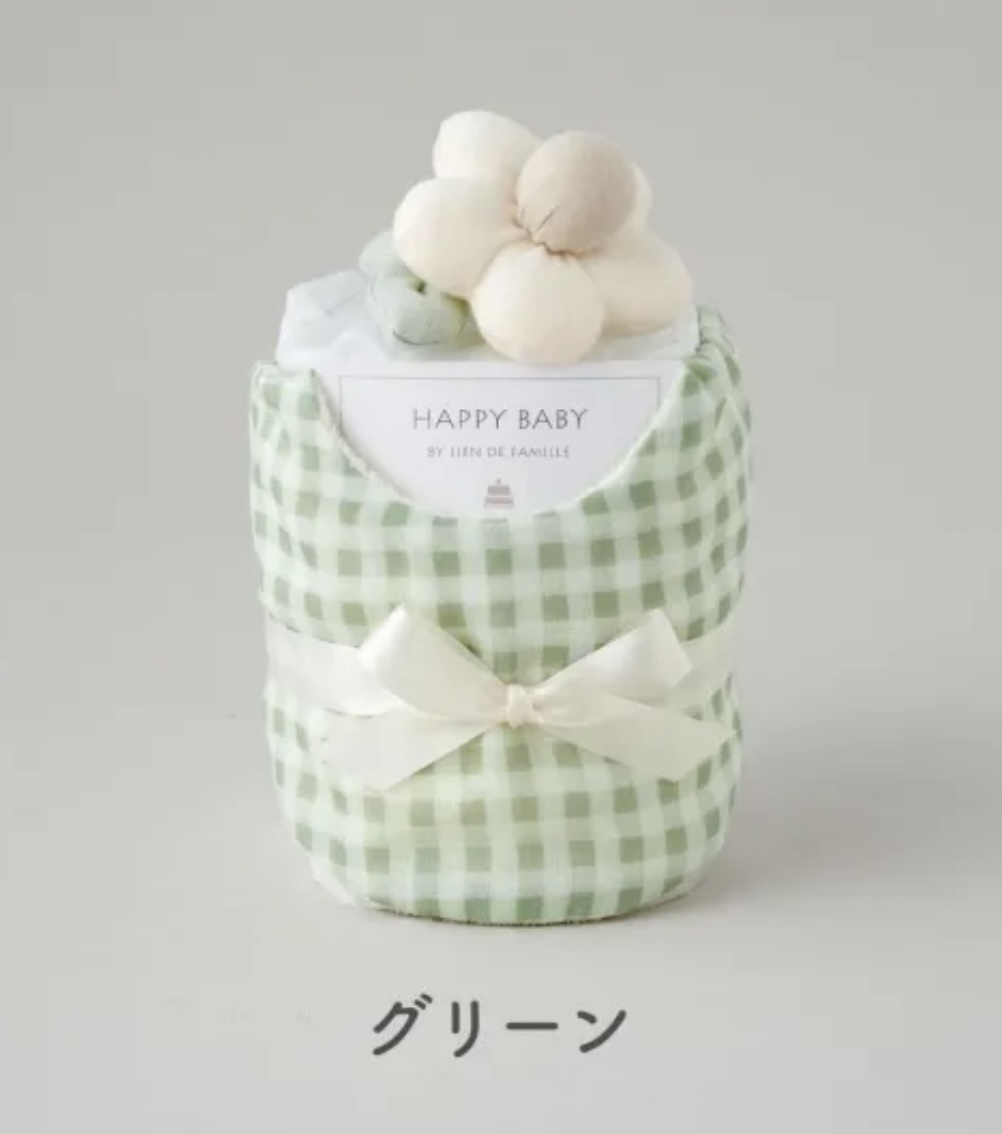 ギンガムチェックスタイとお花のラトルのベビーケーキ