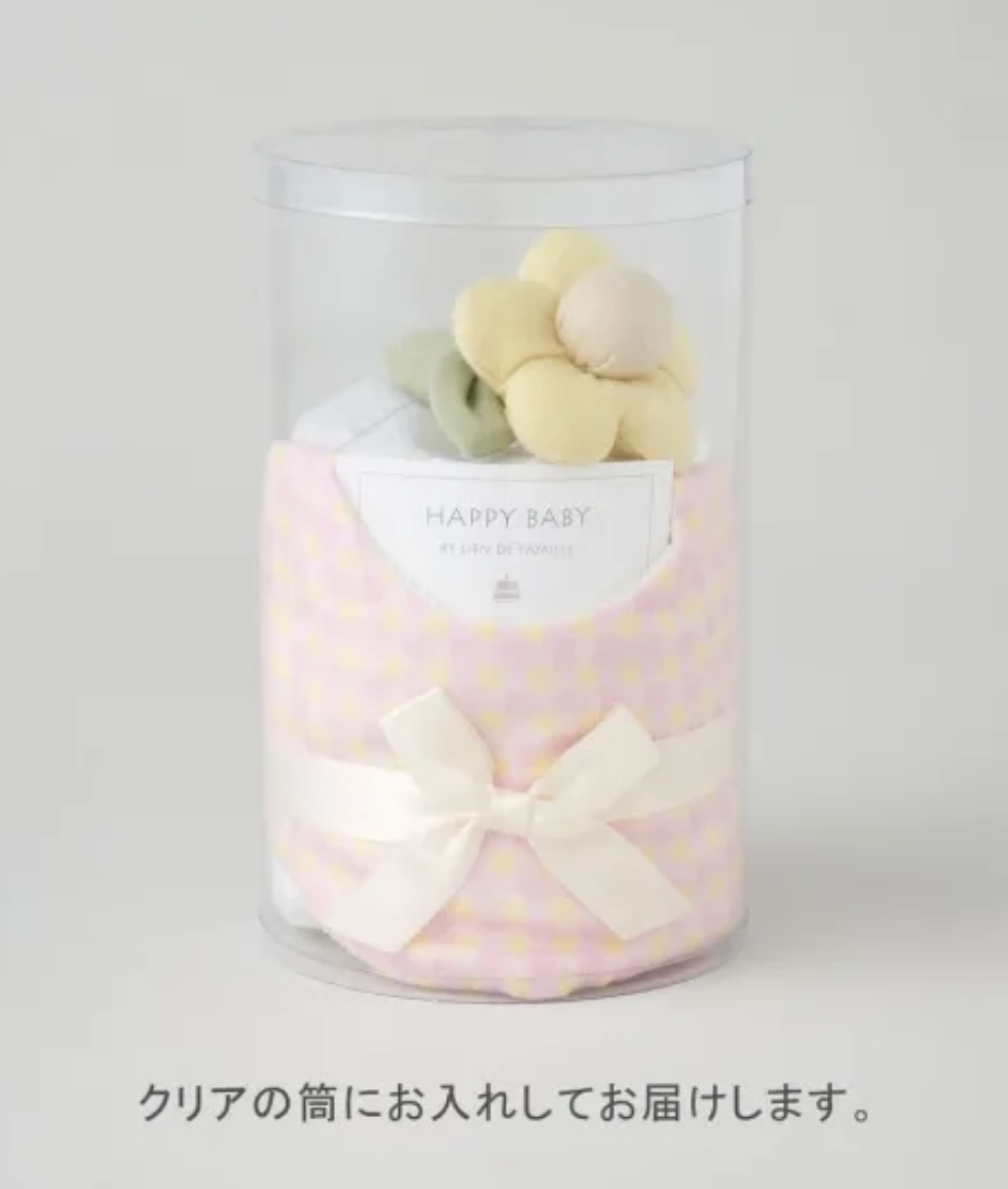 ギンガムチェックスタイとお花のラトルのベビーケーキ